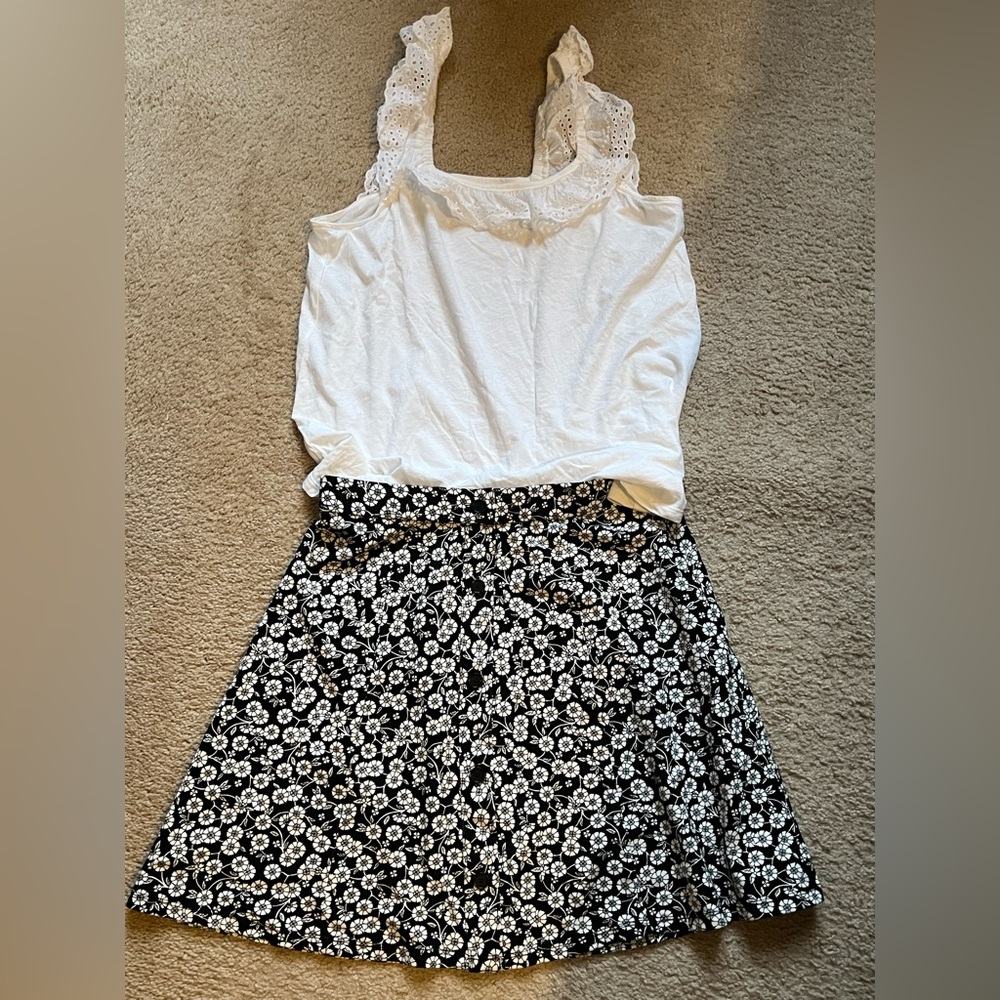 White Lace Tank Top and Black Floral Skirt